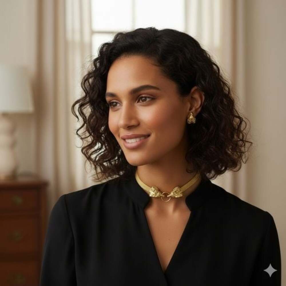 Vintage Gold Tone Mesh Choker Necklace & Stud Earrings Set